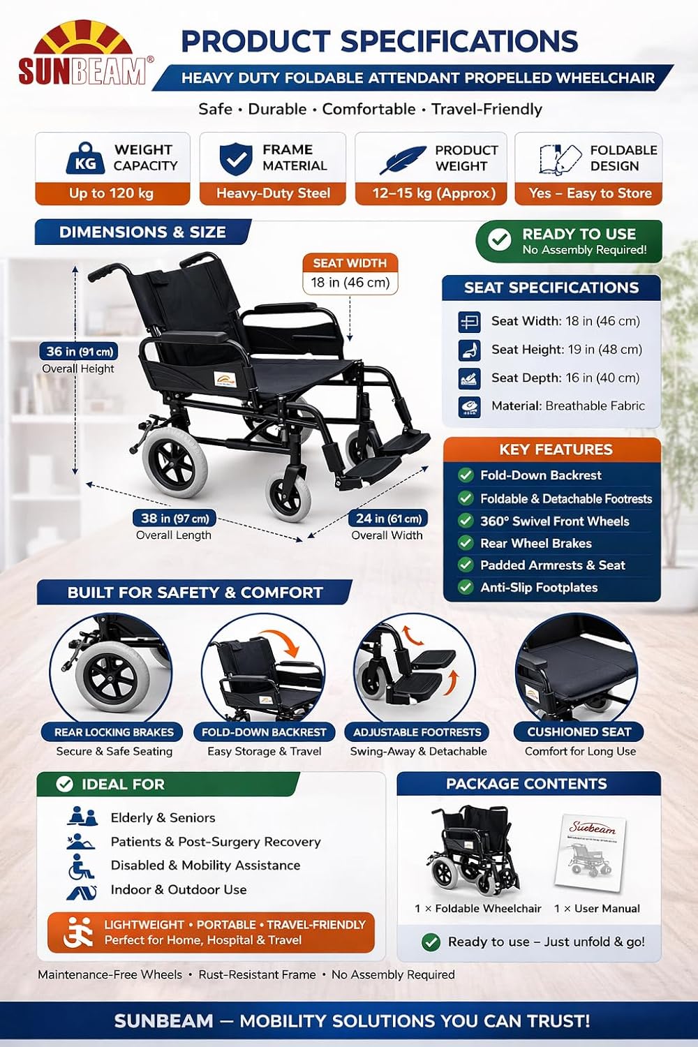 Attendant Propelled Wheelchair Steel Fold Down Back